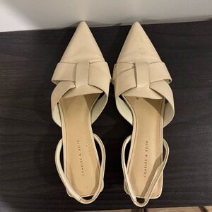 EU SZ 37 Charles & Keith Beige Pointed Toe Sling Backs w/ Chunky Kitten Heel